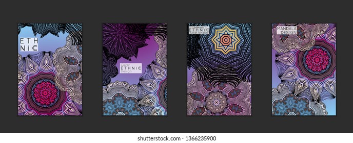Ethnic banners template with floral Mandala ornament. Henna tattoo style. Collection of creative universal artistic vector cards. Lace pattern with roughly hand drawn striped colorful Mandala.