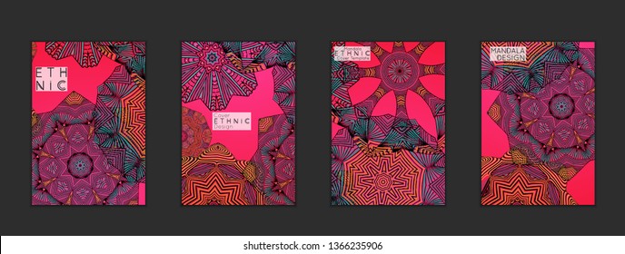 Ethnic banners template with floral Mandala ornament. Henna tattoo style. Collection of creative universal artistic vector cards. Lace pattern with roughly hand drawn striped colorful Mandala.