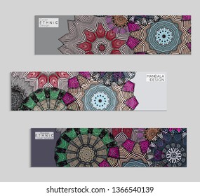 Ethnic banners template with floral Mandala ornament. Henna tattoo style. Collection of creative universal artistic vector cards. Lace pattern with roughly hand drawn striped colorful Mandala.