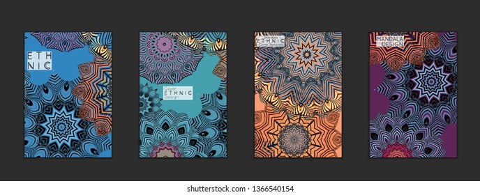 Ethnic banners template with floral Mandala ornament. Henna tattoo style. Collection of creative universal artistic vector cards. Lace pattern with roughly hand drawn striped colorful Mandala.