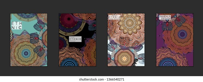 Ethnic banners template with floral Mandala ornament. Henna tattoo style. Collection of creative universal artistic vector cards. Lace pattern with roughly hand drawn striped colorful Mandala.