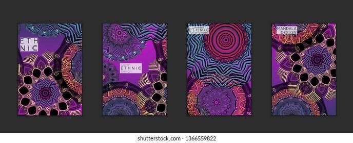 Ethnic banners template with floral Mandala ornament. Henna tattoo style. Collection of creative universal artistic vector cards. Lace pattern with roughly hand drawn striped colorful Mandala.