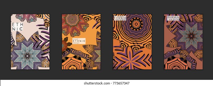 Ethnic banners template with floral Mandala ornament. Henna tattoo style. Collection of creative universal artistic vector cards. Lace pattern with roughly hand drawn striped colorful Mandala.