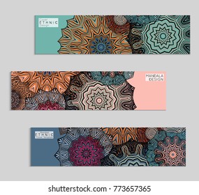 Ethnic banners template with floral Mandala ornament. Henna tattoo style. Collection of creative universal artistic vector cards. Lace pattern with roughly hand drawn striped colorful Mandala.