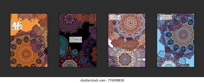 Ethnic banners template with floral Mandala ornament. Henna tattoo style. Collection of creative universal artistic vector cards. Lace pattern with roughly hand drawn striped colorful Mandala.