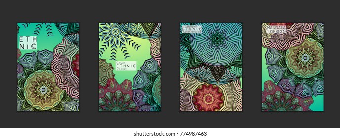 Ethnic banners template with floral Mandala ornament. Henna tattoo style. Collection of creative universal artistic vector cards. Lace pattern with roughly hand drawn striped colorful Mandala.