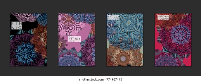 Ethnic banners template with floral Mandala ornament. Henna tattoo style. Collection of creative universal artistic vector cards. Lace pattern with roughly hand drawn striped colorful Mandala.