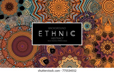 Ethnic banners template with floral Mandala ornament. Henna tattoo style. Collection of creative universal artistic vector cards. Lace pattern with roughly hand drawn striped colorful Mandala.