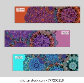 Ethnic banners template with floral Mandala ornament. Henna tattoo style. Collection of creative universal artistic vector cards. Lace pattern with roughly hand drawn striped colorful Mandala.