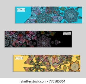 Ethnic banners template with floral Mandala ornament. Henna tattoo style. Collection of creative universal artistic vector cards. Lace pattern with roughly hand drawn striped colorful Mandala.