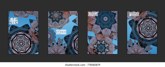 Ethnic banners template with floral Mandala ornament. Henna tattoo style. Collection of creative universal artistic vector cards. Lace pattern with roughly hand drawn striped colorful Mandala.