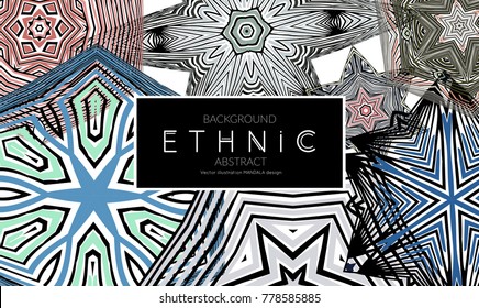 Ethnic banners template with floral Mandala ornament. Henna tattoo style. Collection of creative universal artistic vector cards. Lace pattern with roughly hand drawn striped colorful Mandala.