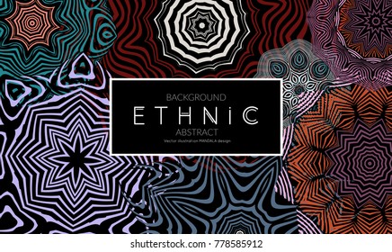 Ethnic banners template with floral Mandala ornament. Henna tattoo style. Collection of creative universal artistic vector cards. Lace pattern with roughly hand drawn striped colorful Mandala.