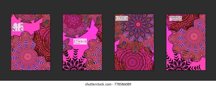 Ethnic banners template with floral Mandala ornament. Henna tattoo style. Collection of creative universal artistic vector cards. Lace pattern with roughly hand drawn striped colorful Mandala.
