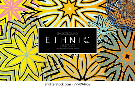 Ethnic banners template with floral Mandala ornament. Henna tattoo style. Collection of creative universal artistic vector cards. Lace pattern with roughly hand drawn striped colorful Mandala.