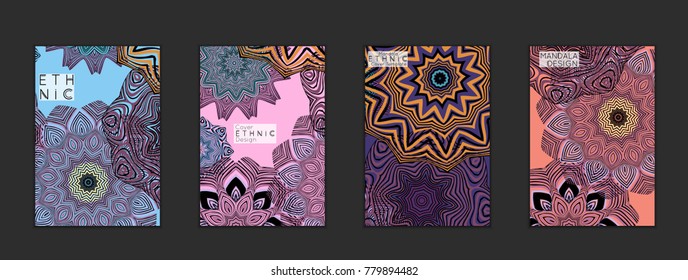 Ethnic banners template with floral Mandala ornament. Henna tattoo style. Collection of creative universal artistic vector cards. Lace pattern with roughly hand drawn striped colorful Mandala.
