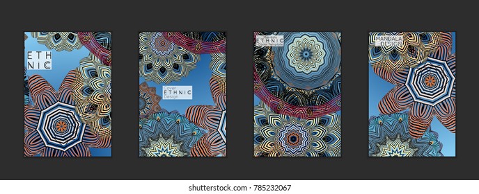 Ethnic banners template with floral Mandala ornament. Henna tattoo style. Collection of creative universal artistic vector cards. Lace pattern with roughly hand drawn striped colorful Mandala.