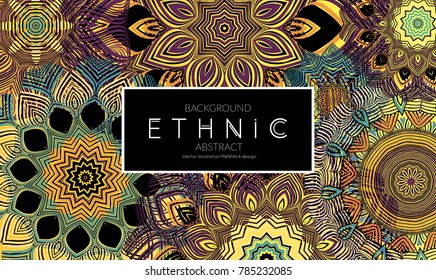 Ethnic banners template with floral Mandala ornament. Henna tattoo style. Collection of creative universal artistic vector cards. Lace pattern with roughly hand drawn striped colorful Mandala.