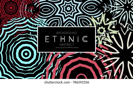 Ethnic banners template with floral Mandala ornament. Henna tattoo style. Collection of creative universal artistic vector cards. Lace pattern with roughly hand drawn striped colorful Mandala.
