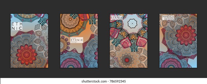 Ethnic banners template with floral Mandala ornament. Henna tattoo style. Collection of creative universal artistic vector cards. Lace pattern with roughly hand drawn striped colorful Mandala.