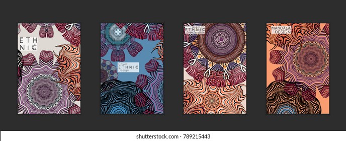 Ethnic banners template with floral Mandala ornament. Henna tattoo style. Collection of creative universal artistic vector cards. Lace pattern with roughly hand drawn striped colorful Mandala.