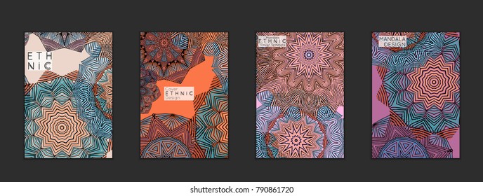 Ethnic banners template with floral Mandala ornament. Henna tattoo style. Collection of creative universal artistic vector cards. Lace pattern with roughly hand drawn striped colorful Mandala.