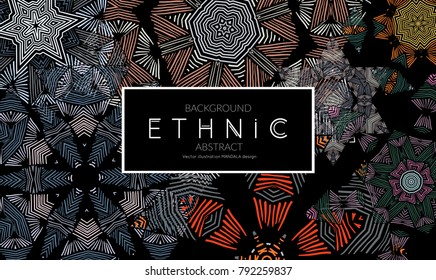 Ethnic banners template with floral Mandala ornament. Henna tattoo style. Collection of creative universal artistic vector cards. Lace pattern with roughly hand drawn striped colorful Mandala.