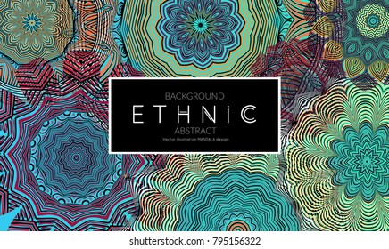 Ethnic banners template with floral Mandala ornament. Henna tattoo style. Collection of creative universal artistic vector cards. Lace pattern with roughly hand drawn striped colorful Mandala.