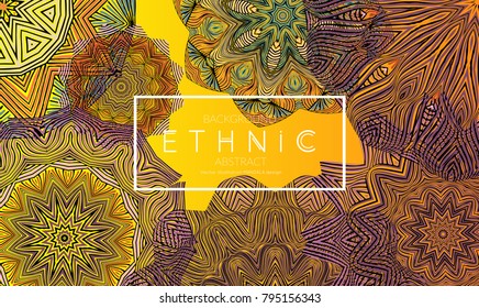 Ethnic banners template with floral Mandala ornament. Henna tattoo style. Collection of creative universal artistic vector cards. Lace pattern with roughly hand drawn striped colorful Mandala.