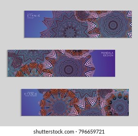 Ethnic banners template with floral Mandala ornament. Henna tattoo style. Collection of creative universal artistic vector cards. Lace pattern with roughly hand drawn striped colorful Mandala.