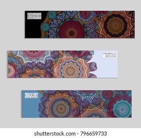 Ethnic banners template with floral Mandala ornament. Henna tattoo style. Collection of creative universal artistic vector cards. Lace pattern with roughly hand drawn striped colorful Mandala.