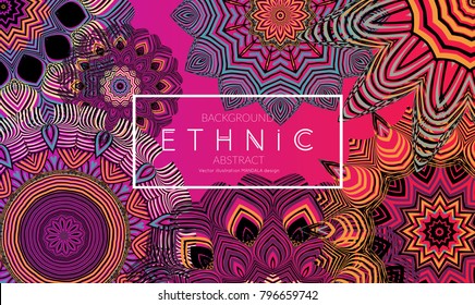 Ethnic banners template with floral Mandala ornament. Henna tattoo style. Collection of creative universal artistic vector cards. Lace pattern with roughly hand drawn striped colorful Mandala.