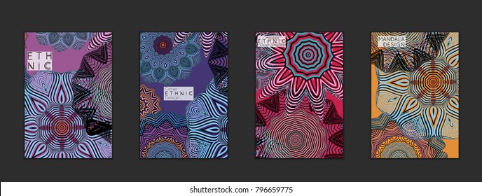 Ethnic banners template with floral Mandala ornament. Henna tattoo style. Collection of creative universal artistic vector cards. Lace pattern with roughly hand drawn striped colorful Mandala.