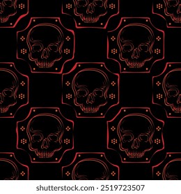 Ethnic batik skulls seamless pattern. Halloween graphic for textile.
