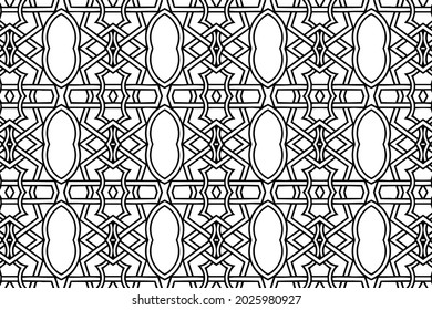 Ethnic beautiful pattern, geometric decorative background. Oriental, Indonesian artistic ornament. Black white template for creativity, coloring, design.