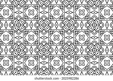 Ethnic beautiful pattern, geometric floral background. Oriental, Indonesian artistic ornament. Black white template for creativity, coloring, design.