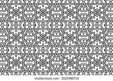 Ethnic beautiful pattern, geometric original background. Oriental, Indonesian artistic ornament. Black white template for creativity, coloring, design.