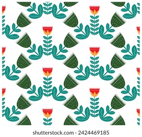 Ethnic beautiful retro style hand drawn vector flower petal with tradition style leaf and plant, white texture background seamless placement for fabric, texture, paper and wallpaper..