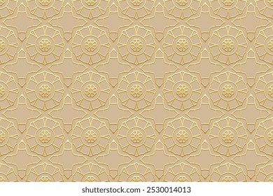 Ethnisch beiger Hintergrund, Tribal Cover Design, Banner. Vintage-Druck, geometrisches Gold 3D-Muster, Prägung. Ornamente, Mandala, Arabesken des Ostens, Asiens, Indiens, Mexikos, Azteken, Perus.