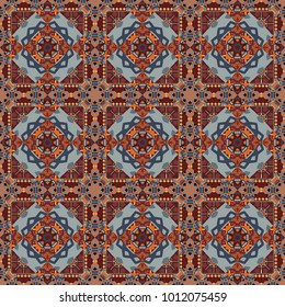 Ethnic binary doodle texture. Curved doodling in gray, brown and blue colors. Vector illustration. Tracery seamless pattern. Mehndi design.