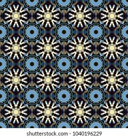 Ethnic binary doodle texture. Curved doodling in brown, black and blue colors. Mehndi design. Vector illustration. Tracery seamless pattern.