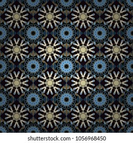 Ethnic binary doodle texture. Curved doodling in brown, black and blue colors. Tracery seamless pattern. Mehndi design. Vector illustration.