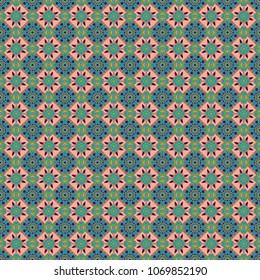 Ethnic binary doodle texture. Curved doodling in green, blue and pink colors. Mehndi design. Vector illustration. Tracery.