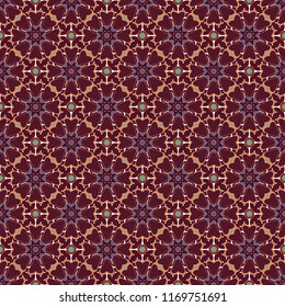 Ethnic binary doodle texture. Curved doodling in red, purple and brown colors. Mehndi design. Vector illustration. Tracery seamless pattern.