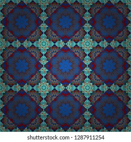 Ethnic binary doodle texture. Curved doodling in brown, blue and red colors. Tracery seamless pattern. Vector illustration. Mehndi design.