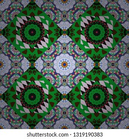 Ethnic binary doodle texture. Curved doodling in green, violet and blue colors. Vector illustration. Mehndi design. Tracery seamless pattern.