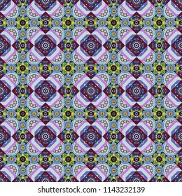 Ethnic binary doodle texture. Mehndi design. Tracery seamless pattern. Vector illustration. Curved doodling in gray, blue and purple colors.