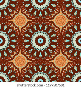 Ethnic binary doodle texture. Mehndi design. Tracery seamless pattern. Vector illustration. Curved doodling in blue, orange and red colors.