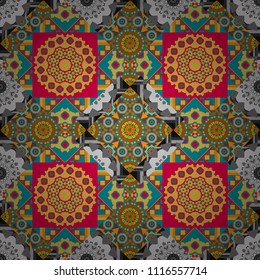 Ethnic binary doodle texture. Raster illustration. Mehndi design. Tracery seamless pattern. Curved doodling in brown, black and blue colors.