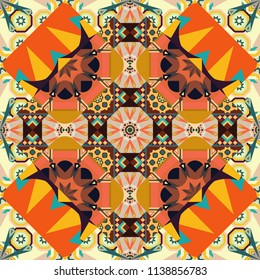 Ethnic binary doodle texture. Tracery seamless pattern. Mehndi design. Curved doodling in orange, brown and yellow colors. Vector illustration.